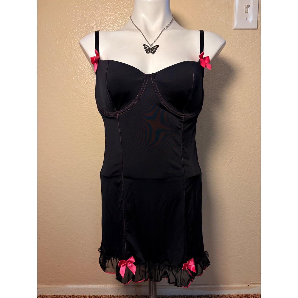 Y2K Vintage Black Pink Coquette Slip Dress Underwire Bows Ruffle Hem Lingerie #5